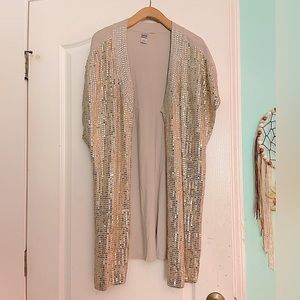 Women’s Gold Sequin Long Beige Short Sleeve Slit Sweater Kimono
